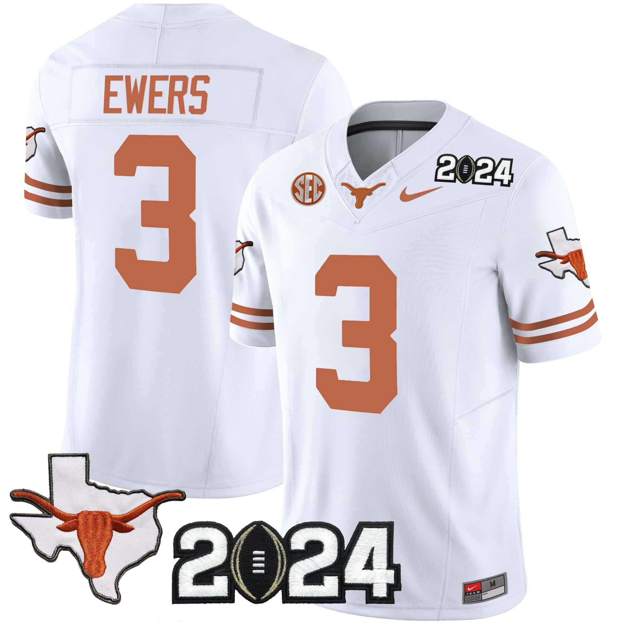 Men Texas Longhorns #3 Ewers White 2024 Nike Vapor Limited NCAA Jersey